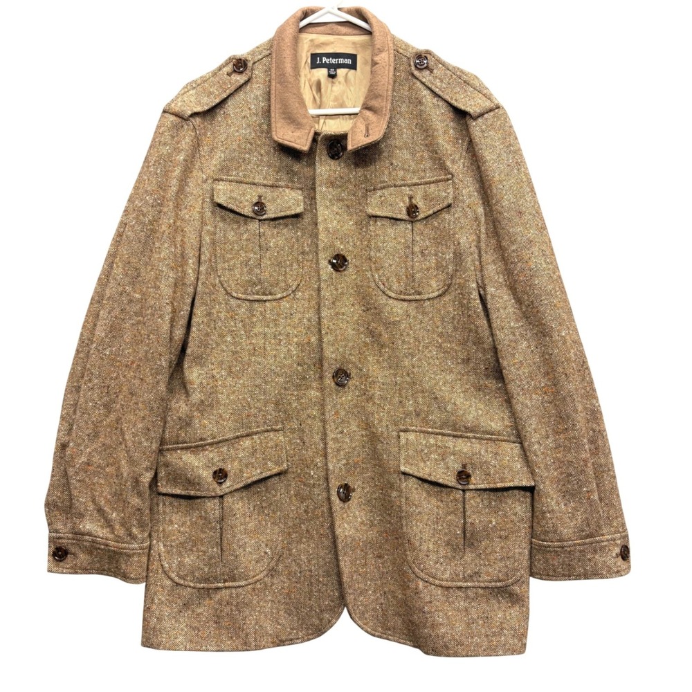 J. Peterman Mens British Tweed Moon Wool Field Jacket Brown Safari Coat Size 44